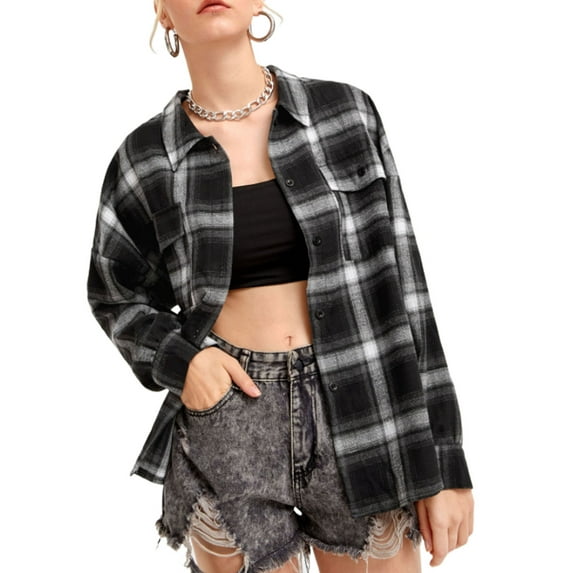 Seyurigaoka Women Juniors Shacket, Adults Plaid Turn-Down Collar Long Sleeve Tops Blouse