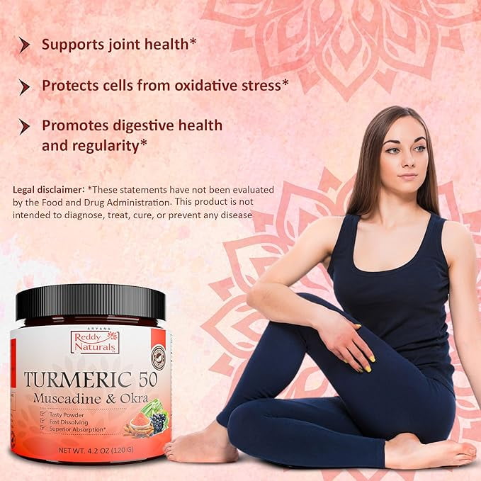 Aryana Reddy Naturals Turmeric 50 Powder – Organic Turmeric Supplement with Curcumin, Muscadine Grape & Okra Extract, Fast-Dissolving Superfood Formula for Daily Wellness & Digestion Support- 4.2 Oz