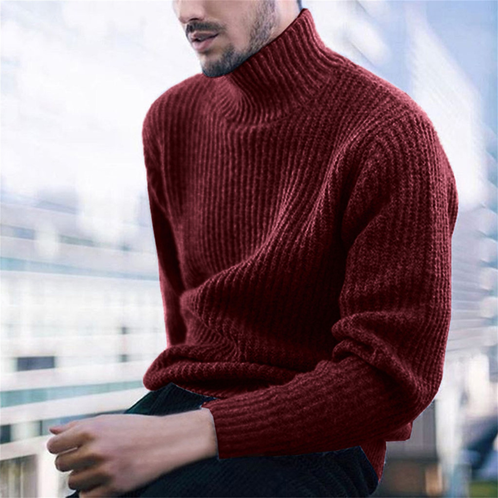 Plus Size Sweater Men Loose Turtleneck Solid High Collar Striped Pullovers Knitted Sweaters Color Red Size M Walmart