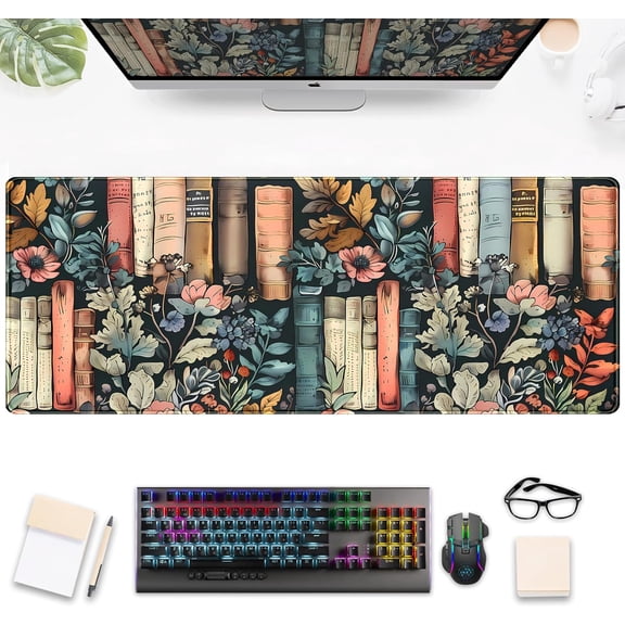 Flowers Desk Pads Gaming Desk Mat Large Keyboard Mouse Pad XL, Book Elements Computer Desktop Mats, Extended Full Laptop Mouse Mat, Office & Home Decor for Women Desk Aesthetic 31.5" x 11.8"