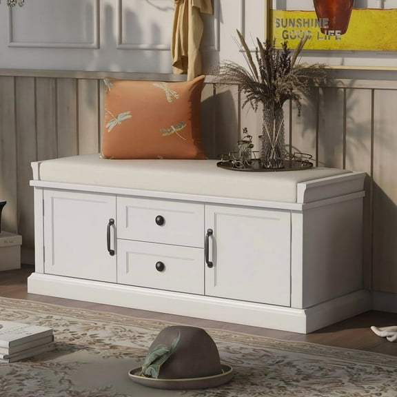 Bellemave Entry Storage Bench with Cushion, Shoe Bench with 2 Drawers and 2 Cabinets, Wooden Organizer Storage Bench for Entry/Bedroom/Closet/ Living Room/Hallway(White)