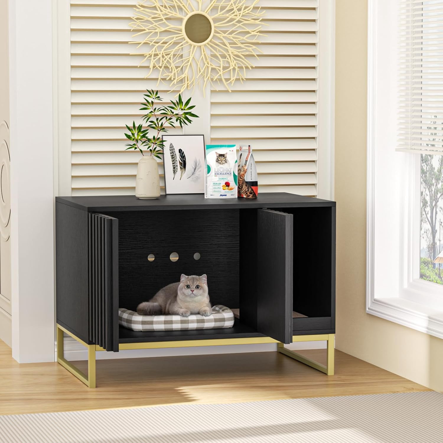 Vabches Hidden Cat Litter Box Enclosure Furniture, Multi-Functional Cat Washroom Bench with Cat Scratching Pad and Fluted Doors