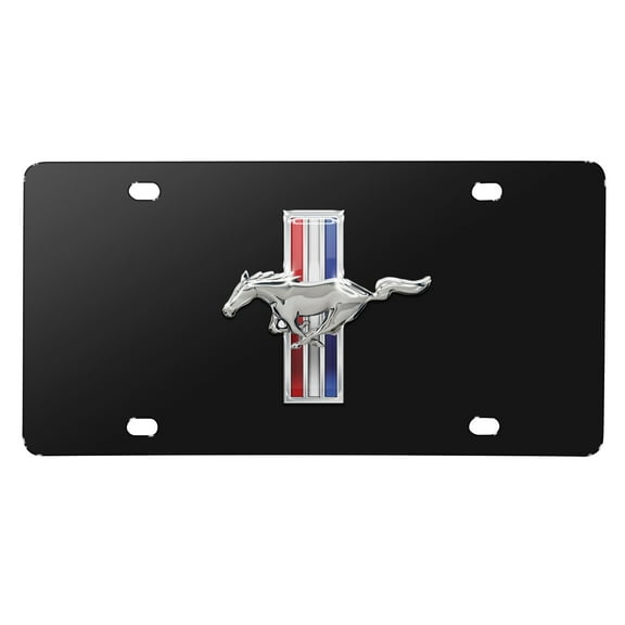 Ford Mustang Tri-Bar 3D Dome Logo on Solid Black Stainless Steel License Plate