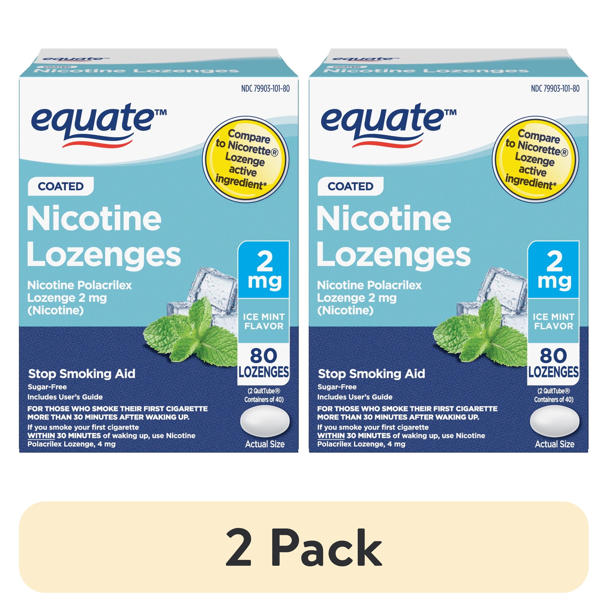 (2 pack) Equate Nicotine Lozenge 2 mg, Stop Smoking Aid, Ice Mint Flavor, Coated, 80 Count