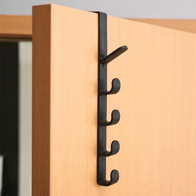 Perchero de Pared con Gancho para Puerta, Sin Taladros, Adhesivo Fuerte, Organizador para Fregonas, Escobas, Sombreros y Abrigos, Color Negro, Blanco y Marrón, 28 X 4,3 Cm, Ahorra Espacio y Ordena.