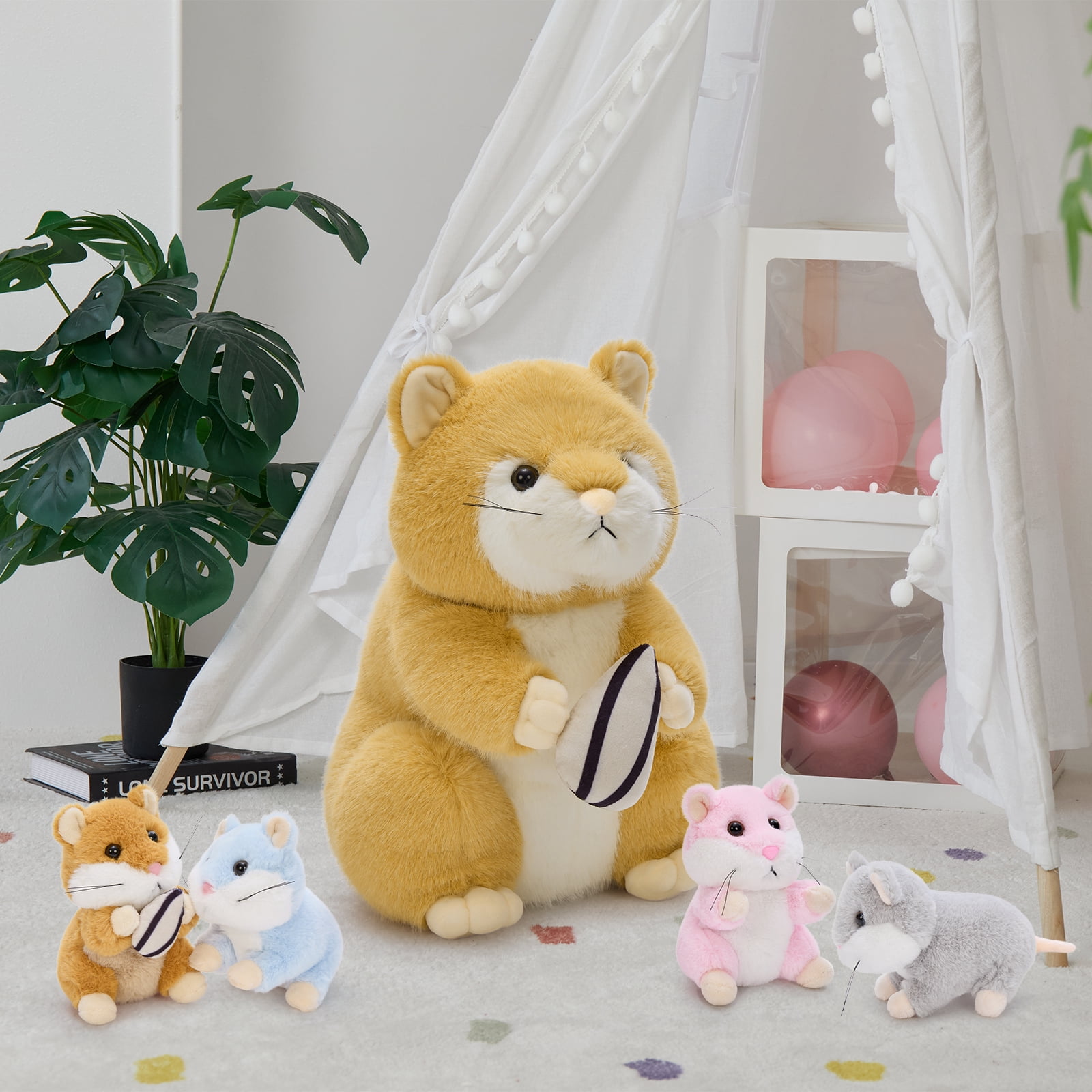 MorisMos Cute Hamster Plush Toy Set with 4 Baby Plush Toys, Soft Hamster Stuffed Animal with Sunflower Seed