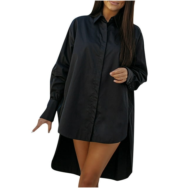 Women's Oversized Button Down Shirt Dresses Long Sleeves High Low Tops