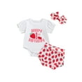 thumbnail image 2 of Musuos Baby Girls First Birthday Sweet Outfits 6M 12M 18M Strawberry Print Short Sleeve Romper and Elastic Shorts Headband 3 Piece Summer Clothes, 2 of 10