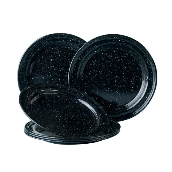 Cinsa 8-Inch Enameled Steel Dinner Plate Set - Set of 6 Everyday Dinnerware, Ideal for Camping, Kitchen - Dishwasher Safe (Speckled Black)