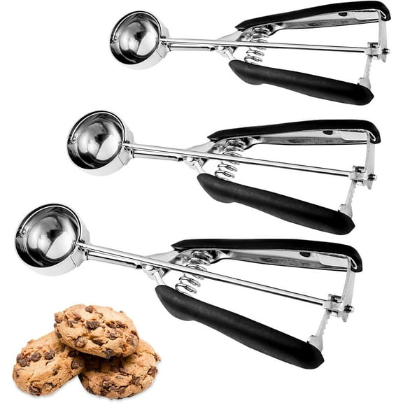 Kiibsot Cookie Scoop for Baking, Ice Cream Scoop Set of 3, 18/8 Stainless Steel Cookie Scooper Cookie Dough Scoop with Trigger Release, Large Medium Small Size Ice Cream Scooper for Melon, Soft Grip