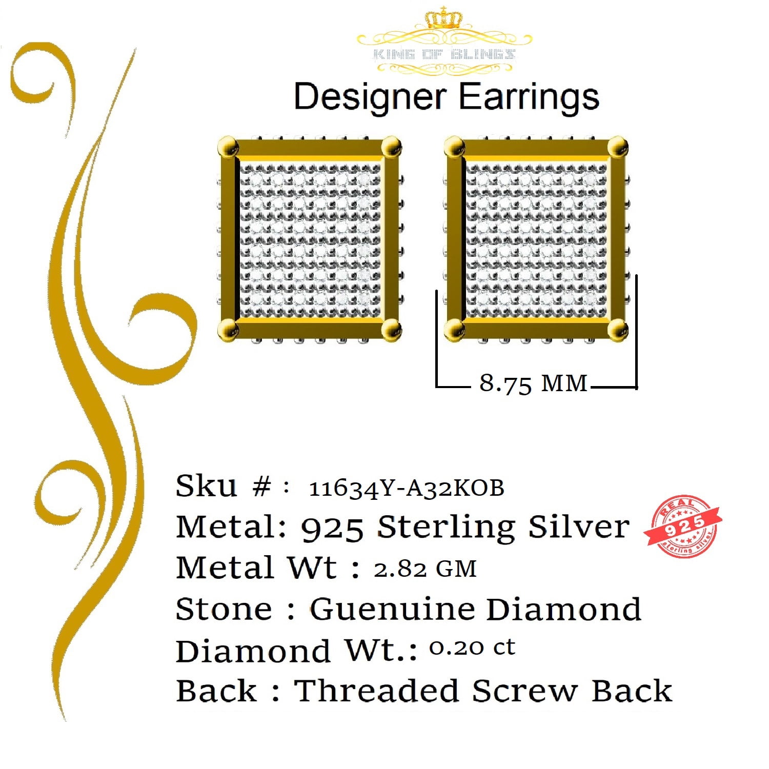 King of Bling's Aretes Para Hombre 925 Yellow Silver 0.20ct Diamond Stud Men's/ Women's Earrings