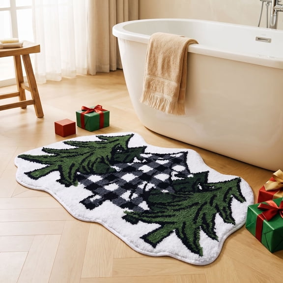 Christmas Bathroom Rug Non Slip Washable Water Absorbent Pine Tree Buffalo Check Holiday Floor Mat