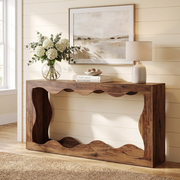 Fnova 63" Long Farmhouse Console Table for Entryway, Wave-Shaped Wood Entryway Table, Sofa Table for Living Room, Dark Brown