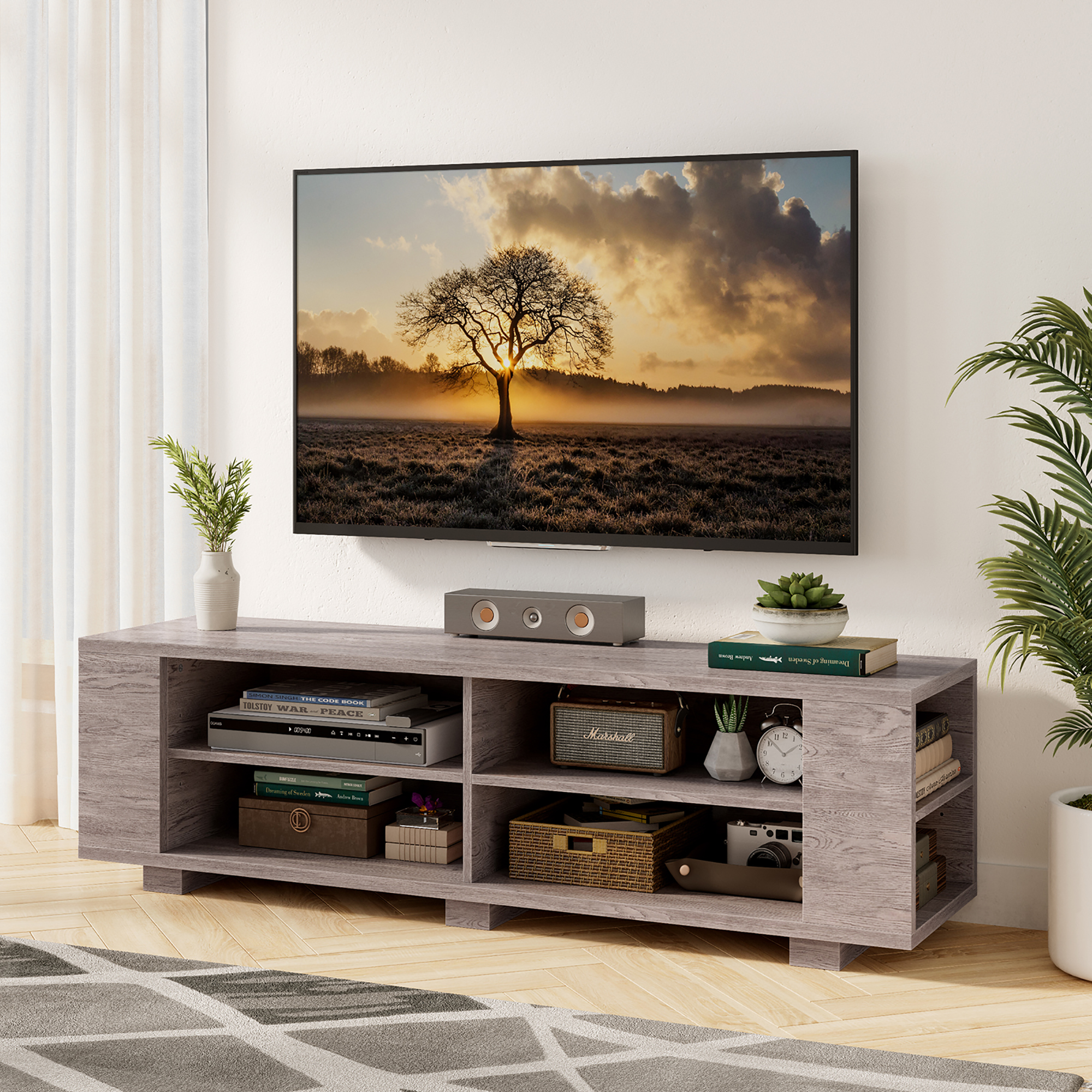 Costway 59'' Wood TV Stand Console Storage Entertainment Media Center with Shelf Grey - image 2 of 9