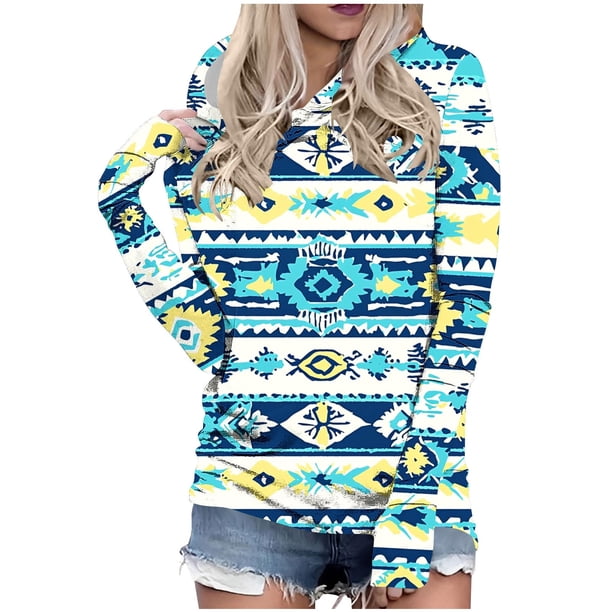 Camiseta con Capucha Impresa de Estilo Bohemio sin Posicionamiento de Manga Larga para las Mujeres, Camisetas de Manga Larga para las Mujeres