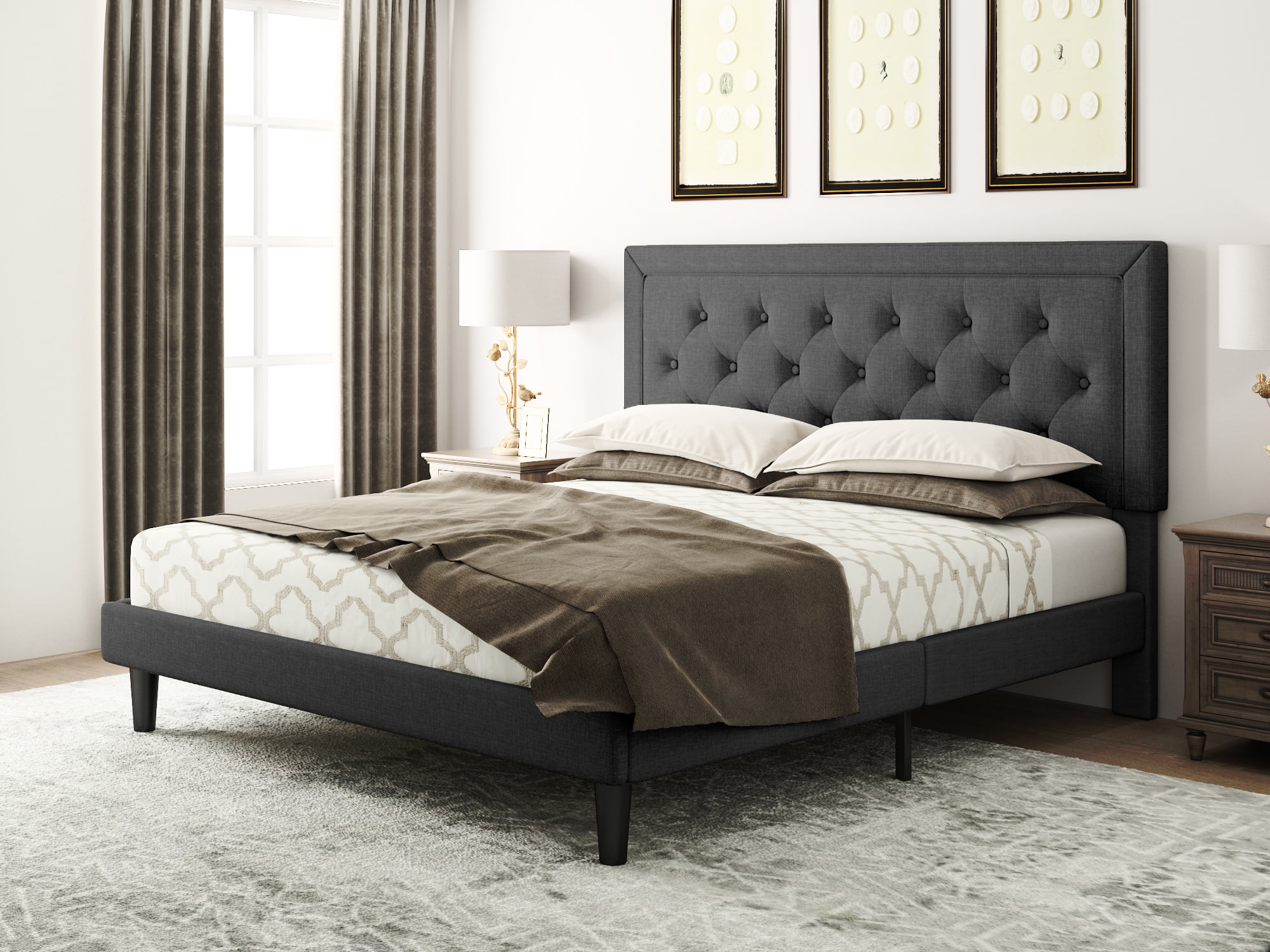 Amolife Full Size Fabric Platform Bed with Button Tufted Upholstered ...