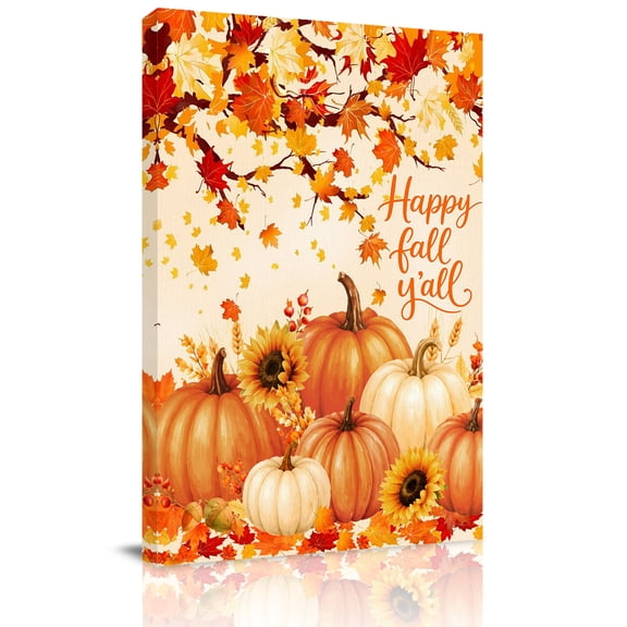 Canvas Wall Art, Burnt Orange Pumpkins Fall Framed Canvas Prints for Kitchen Bedroom, Thanksgiving Branches Maple Leaves Small Gallery Wrapped Wall Decor for Home Office, Gifts, 8"x12" Ship Next Day