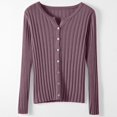 thumbnail image 2 of Women's Solid Color Ribbed Slim Fit Button Front Long Sleeve Knit Cardigan Sweater, Lightweight Rib-Knit Slimming Soft Comfy Versatile Outerwear Top for Casual Daily Wear Light Violet, 2 of 3