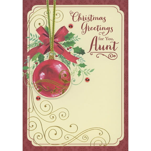 Designer Greetings Die Cut 3D Red and Gold Ornament, Gold String and Sequins Over Holly with Red Bow Hand Decorated Christmas Card for Aunt
