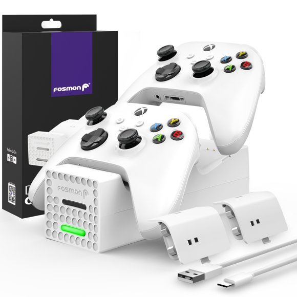 Fosmon Station de Recharge à Double Conduction 2 pour Manettes Xbox Series X / Series S - Blanc (l'Ensemble Comprend 2 X Blocs de Batterie Rechargeable 1000mAh et un Câble USB A vers C)