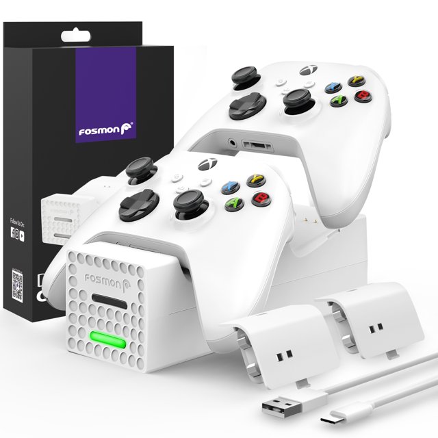 Fosmon Dual 2 Conductive Charging Station for Xbox Series X / Series S Controllers - White (Package includes 2 x 1000mAh Rechargeable Battery Packs and USB A to C Cable)