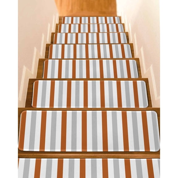 Burnt Orange Grey Stripe Stair Treads Non Slip Indoor for Wooden Steps, Modern Farmhouse Vertical Striped 10 Pcs Stair Mats for Elders Dogs, 8 x 30 Inch Carpet Treads Runner Rugs for Staircase