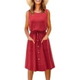 thumbnail image 3 of Bigersell Women Casual Dresses Women Casual Solid Color Crew Neck Sleeveless Button Loose Dress with Pocket Women Sweater Dress Style 761, Female Knee Length Dresses Red L, 3 of 5