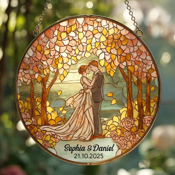 Wedding Couple Faux Stained Glass Stained Glass Suncatcher - Personalized Names , Date - Romantic Anniversary Gift - Personalized Gift for Couple