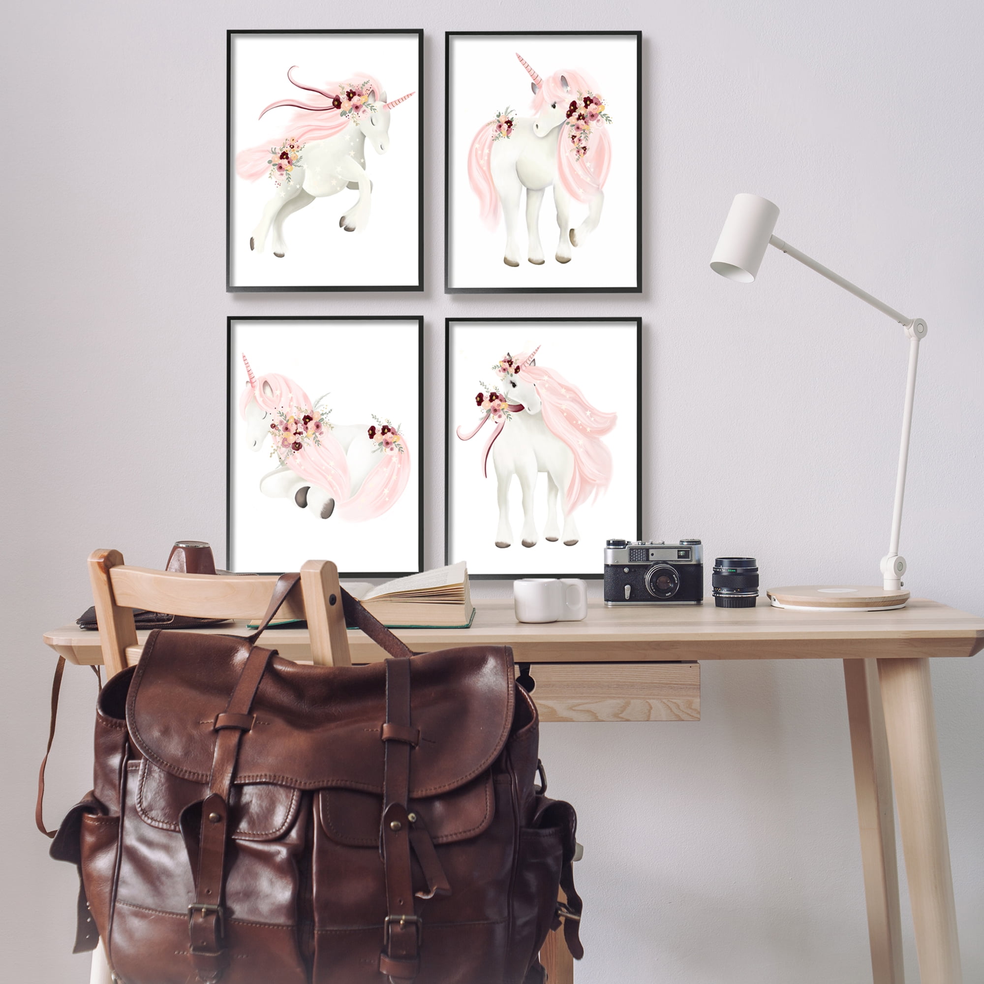Stupell Industries Pastel Pink Unicorns Fairy Tales & Fantasy Painting Black Framed Art Print Wall Art, 16 x 20