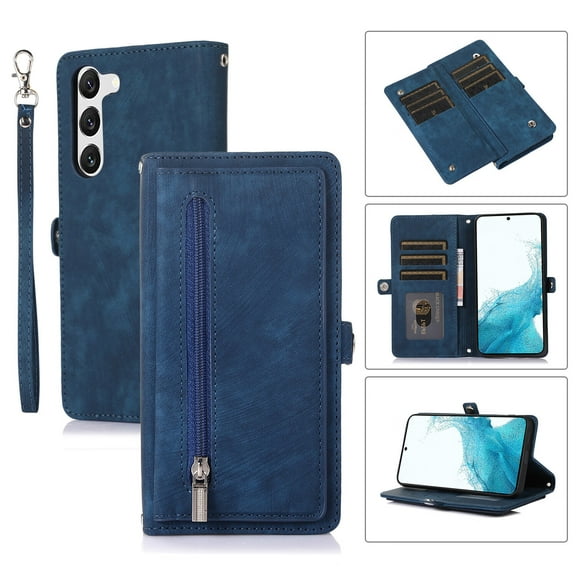 for Samsung Galaxy S23 6.1" 2023 Wallet Case, [Zipper Wallet & Wrist Strap & lip Kickstand] Card Slots PU Leather Full Body Protective Business Shell for Samsung Galaxy S23, Blue