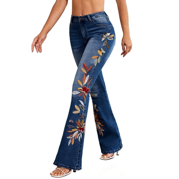 Women's High Waisted Flared Jeans with Floral Embroidery, Stretch Denim for Boho Style