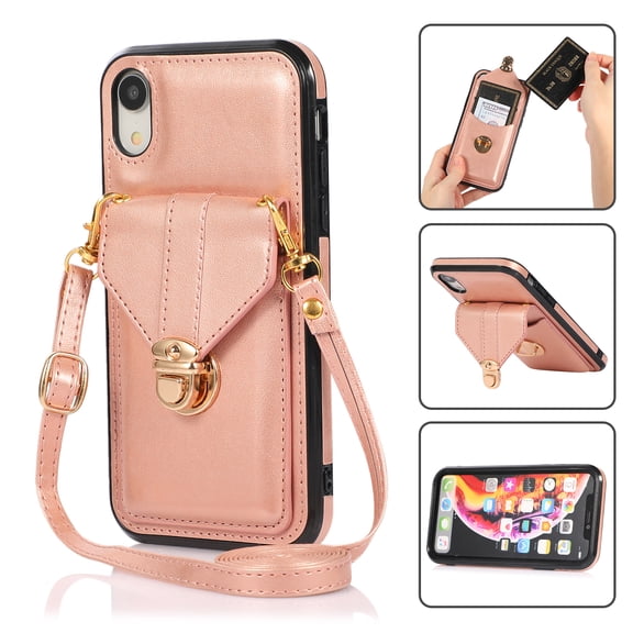 Crossbody Wallet Women Case for iPhone XR,[RFID Blocking] Credit Card Holder with Should Strap,Premium PU Leather Purse Metal Buckle Folio Flip Cover For iPhone XR, Rosegold