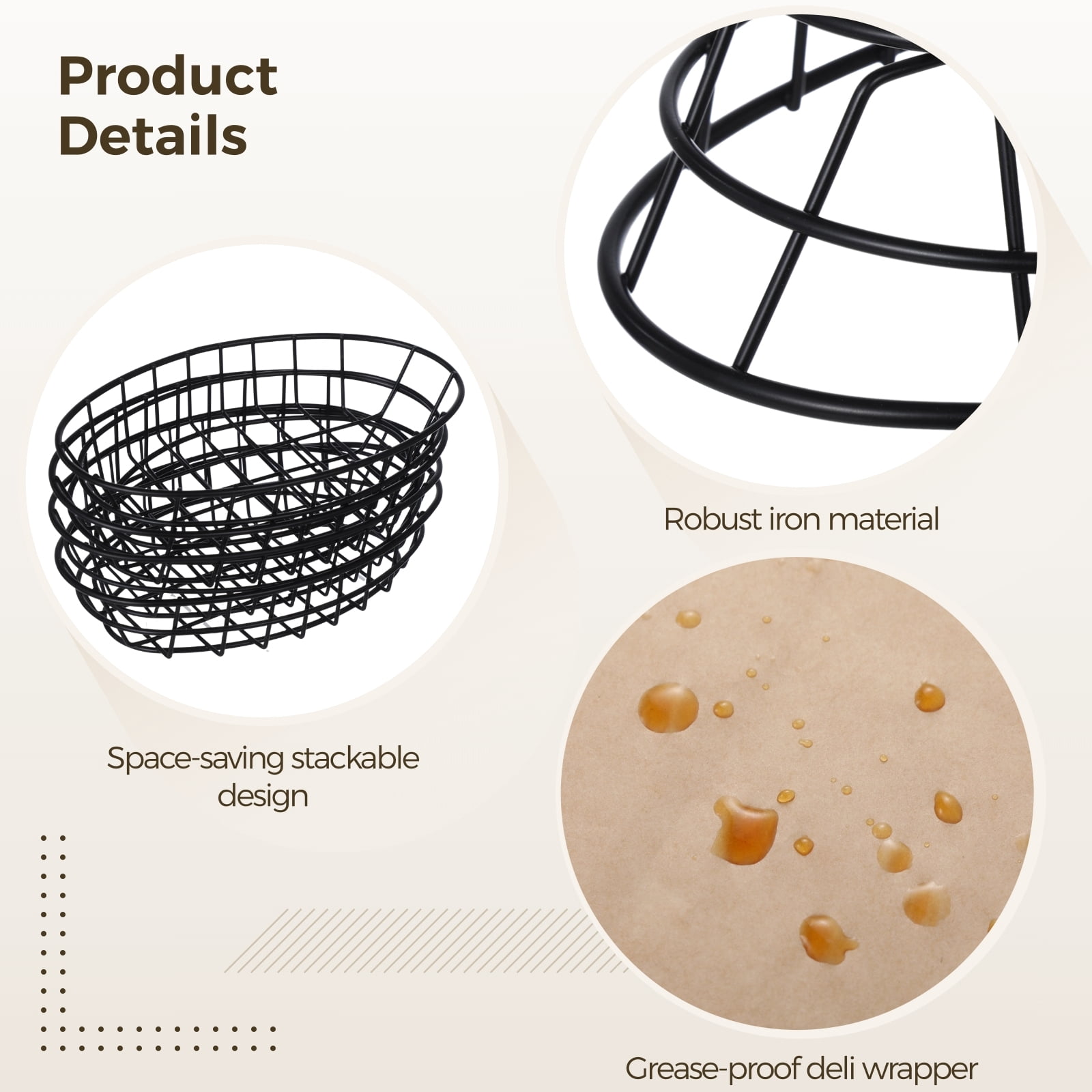 Fast Food Baskets, 12 Pcs Multi-purpose Metal Bread Fruit Serving Baskets with 50 Sheets Papers, Black
