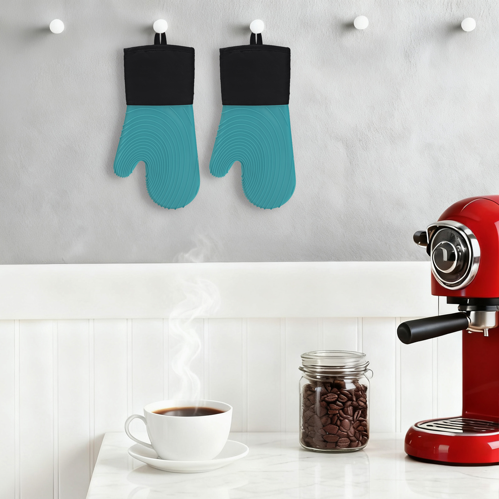 Unique Bargains Cotton Oven Mitts Heat-Resistant Cooking Gloves Cyan 13.4x7.1inch