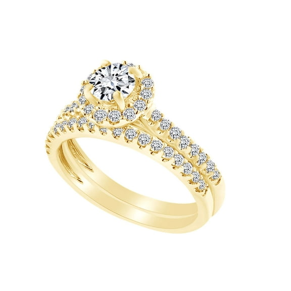 AFFY 0.60 Carat Round Shape White Natural Diamond Semi Mount Halo Wedding Ring Set 18K Solid Yellow Gold Ring Size-6