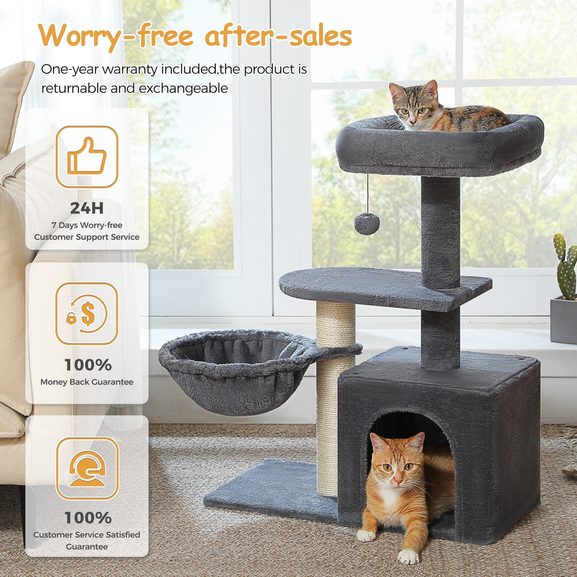PAWZ Road 31" Medium Cat Tree Modern Scratcher with Hammock and Condo for Indoor Cats Dark Gray