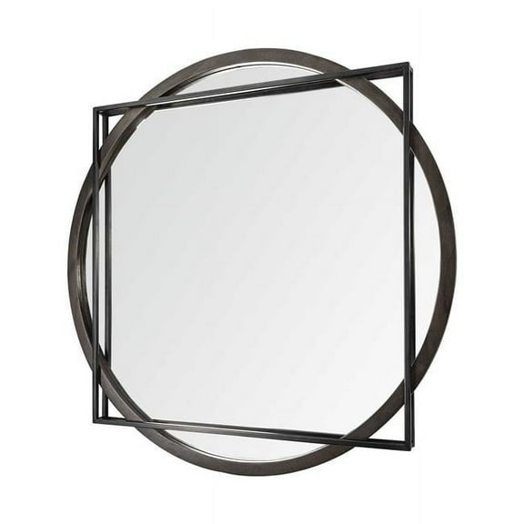 46 in. Round & Square Black Wood & Metal Frame Wall Mirror