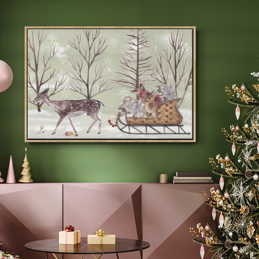 Christmas Time II - Framed Gallery Wrapped Holiday Canvas - 25 x 37 - Natural Wood Frame