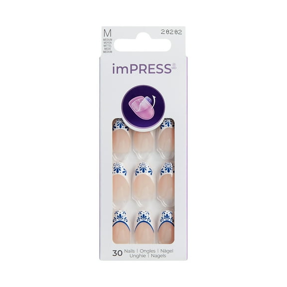 KISS imPRESS Design  Press on Nails, Stay Wavy, Blue, Medium Coffin, 30 Count