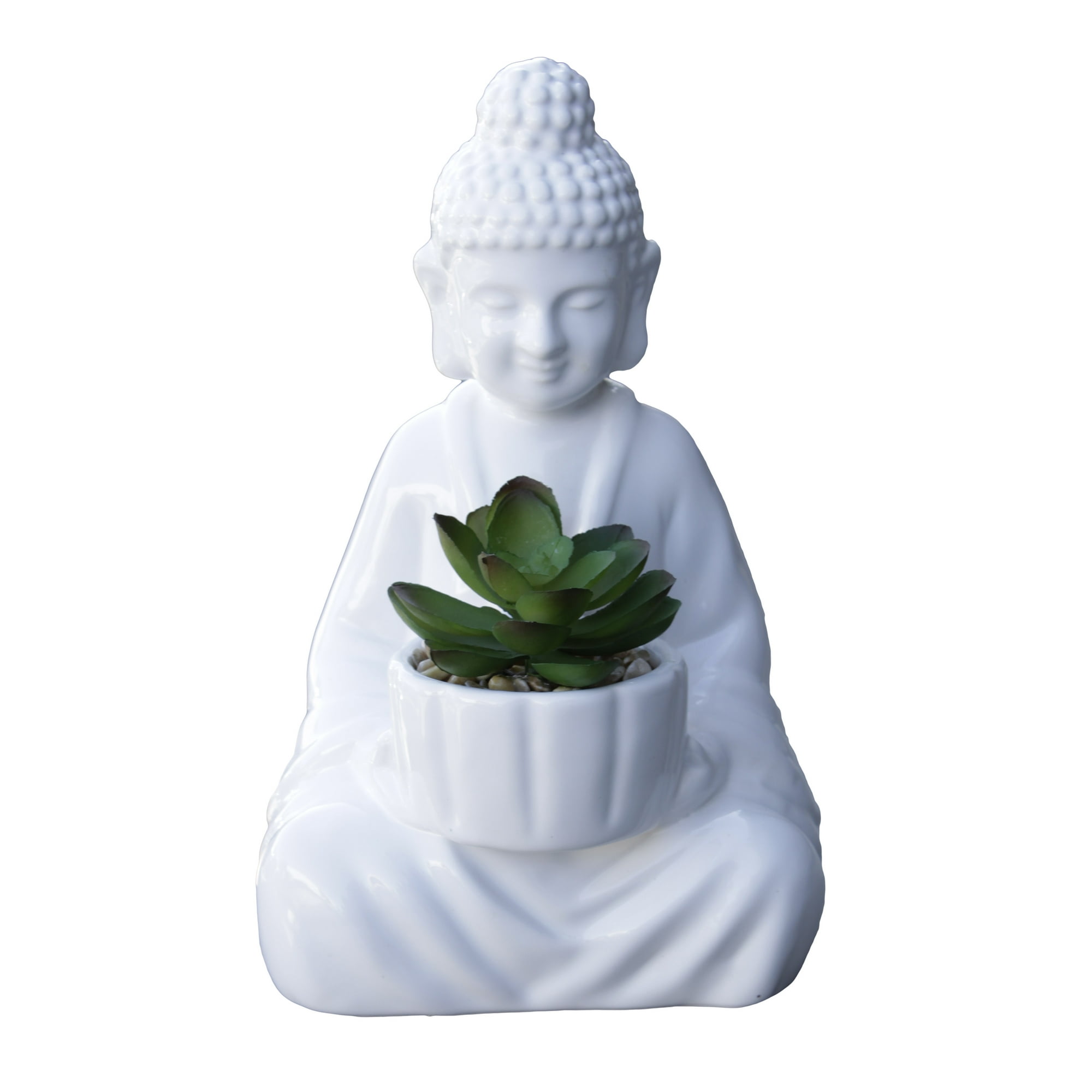 Mainstays 8.5 in Artificial Succulent Arrangement in White Buddha Ceramic Planter