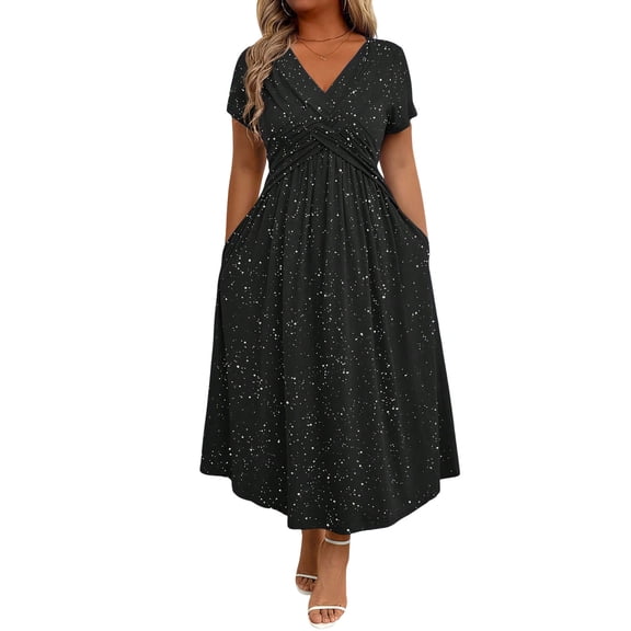 Quixlent Glitter Sparkly Summer Dress for Women Twist Front V Neck Flowy Beach Sundress Short Sleeve A-line Swing Long Dress