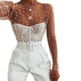 thumbnail image 4 of Douhoow Women's Pearl Rhinestone Mesh Tops Long Sleeve See Through Sheer Blouse Beach Cover Up Crop Top, 4 of 7