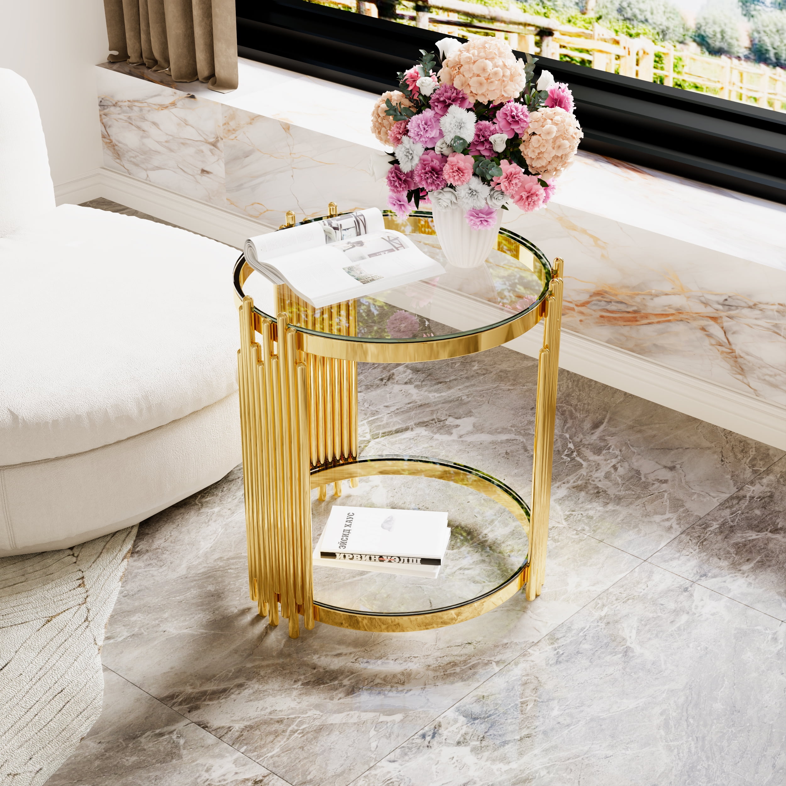 Euroco Modern Transparent Glass End Table for Living Room, Round, Asymmetrical Metal, Gold Finish & Lower Shelf, 19.8"