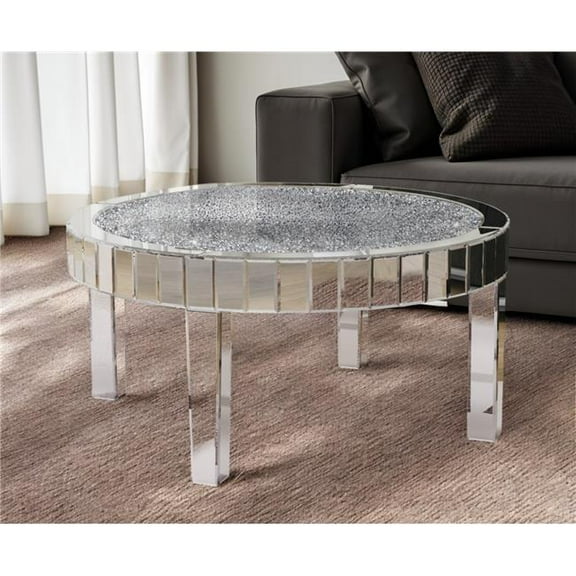 HomeRoots 568901 31 in. Silver Mirrored Glass & Faux Crystal Round Coffee Table