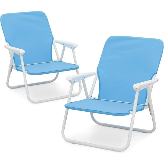 VibrantEcho 2-Pack Folding Low Beach Chairs for Adults, Portable Lawn Chair with Back Pocket & Hard Armrest, Lightweight Camping Chair for Patio, Poolside, Fishing, Supports 250 lbs (Blue)