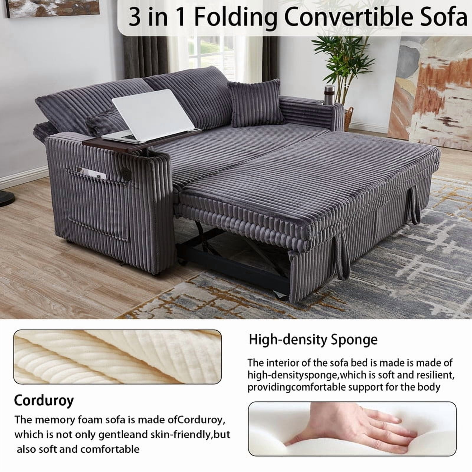 Howcool 65" 3-in-1 Convertible Sleeper Sofa Bed, Corduroy Pull Out Loveseat Futon Couch with Cup Holders & USB Charging Ports for Living Room Apartment, Dark Grey