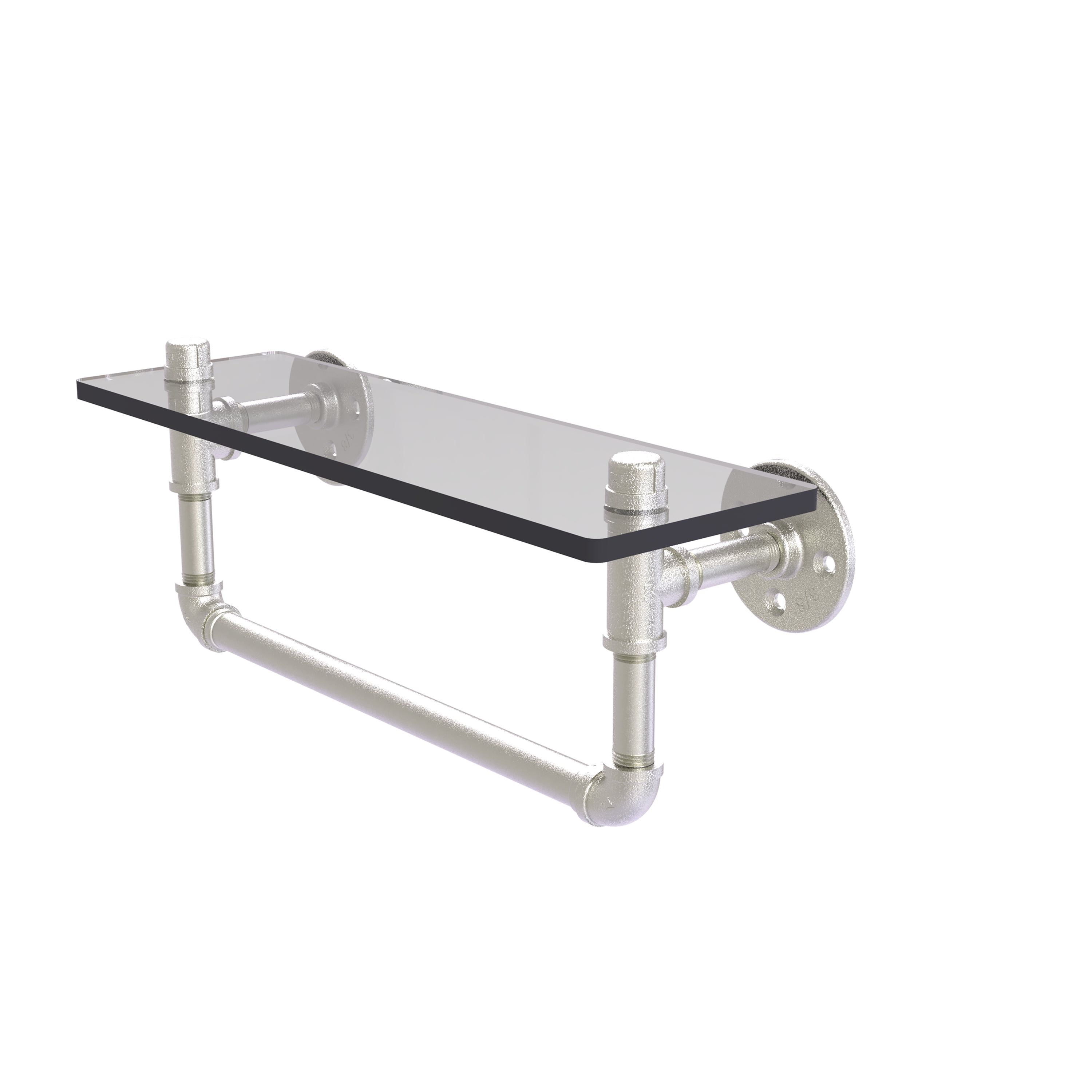 Satin Nickel 16" Industrial Glass Shelf with Towel Bar