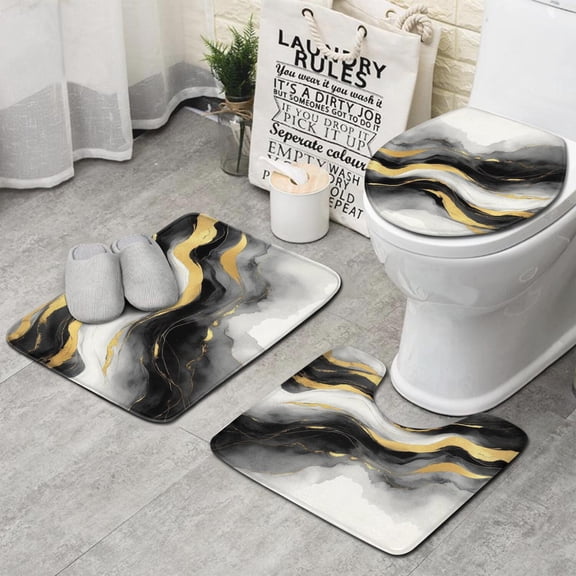 Black White Gray Gold Marble Pattern Bathroom Rugs Sets 3 Piece,Toilet Cover Set,Absorbent Non Slip Bathroom Mats Sets with U-Shaped Contour Rug Toilet Rug Set