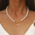 thumbnail image 2 of 1Pc Alloy Necklace Golden Rhinestone Letter K Pendant White Plastic Imitation Pearl Round Beaded Design 17.91 inch Jewelry for Women Daily Wear Suitable for a Variety of Occasions, 2 of 3