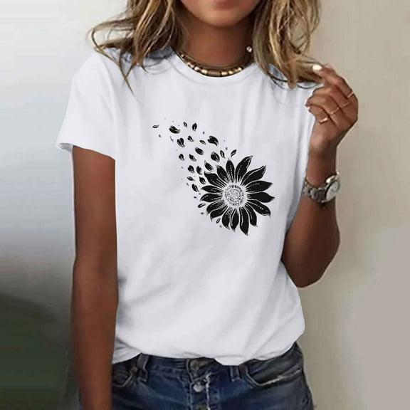 Women's Tops Short Sleeve Summer Under $5 100% Cotton White Fashionable Printed T-shirt Top